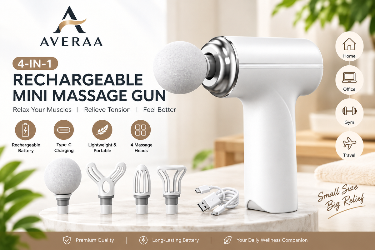 **4-in-1 Rechargeable Massage Gun – Deep Tissue Body Massager with 4 Massage Heads, Type-C Charging & Long-Lasting Battery**