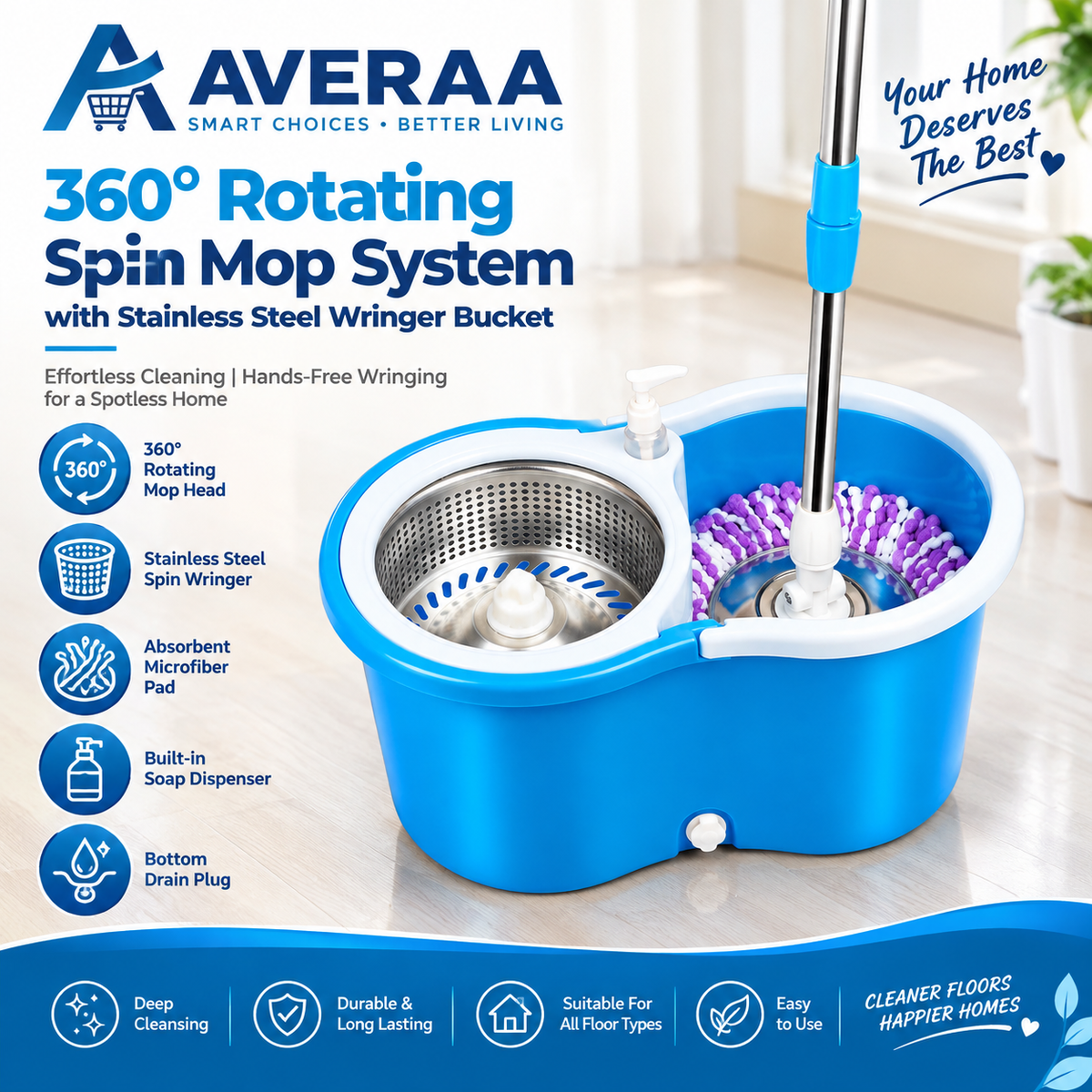 **360° Spin Mop System with Stainless Steel Wringer Bucket | Rotating Microfiber Floor Cleaning Mop for Easy Home Cleaning**
