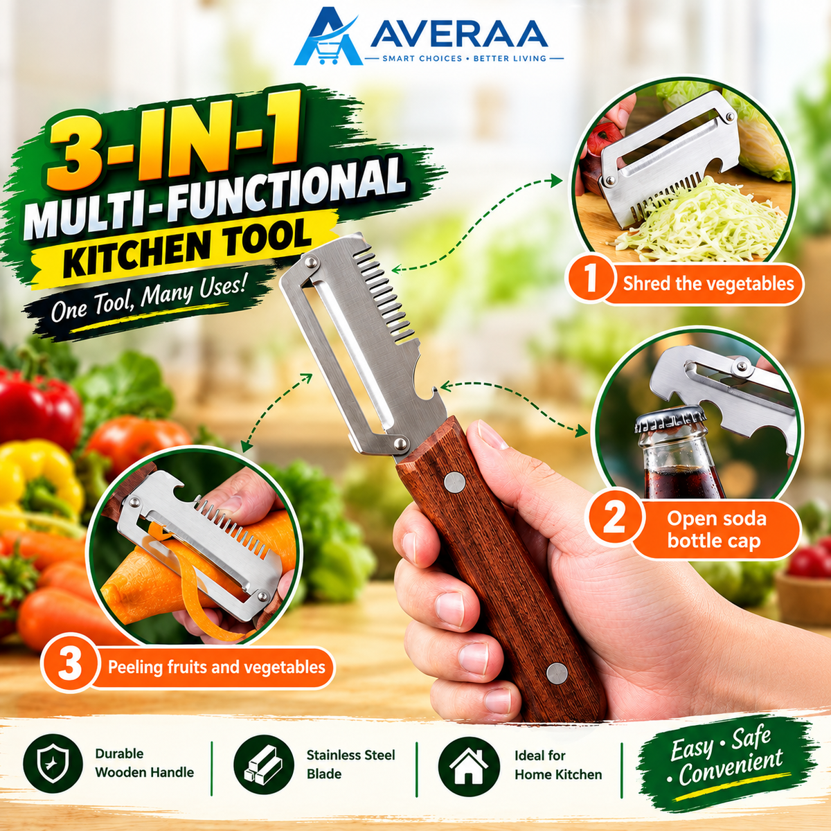 3-in-1 Vegetable Shredder, Peeler & Bottle Opener | Multifunctional Kitchen Slicer & Grater Tool