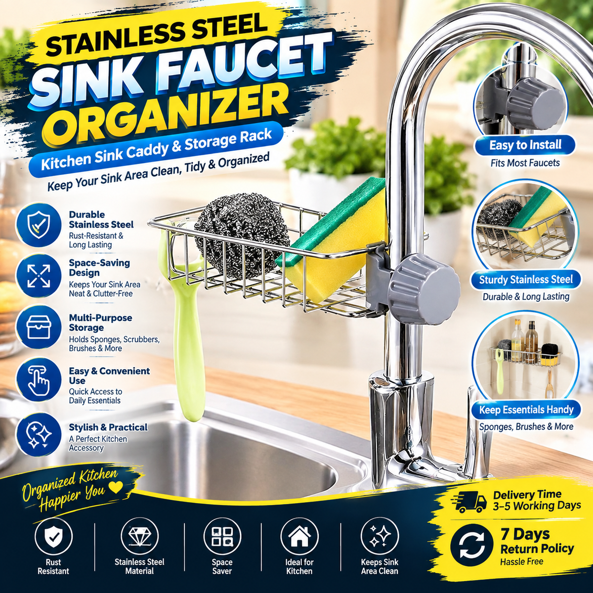 Stainless Steel Sink Organizer | Faucet-Mounted Kitchen Sink Caddy & Sponge Holder | Space-Saving Storage Rack for Kitchen Accessories