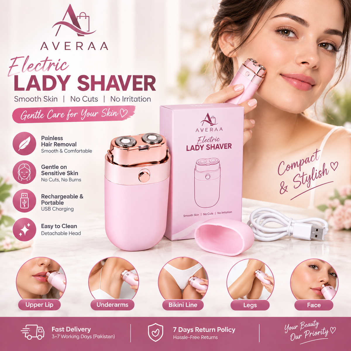 **Rechargeable Facial & Body Hair Remover for Women – Painless Electric Epilator for Face, Upper Lip, Underarms, Bikini & Legs