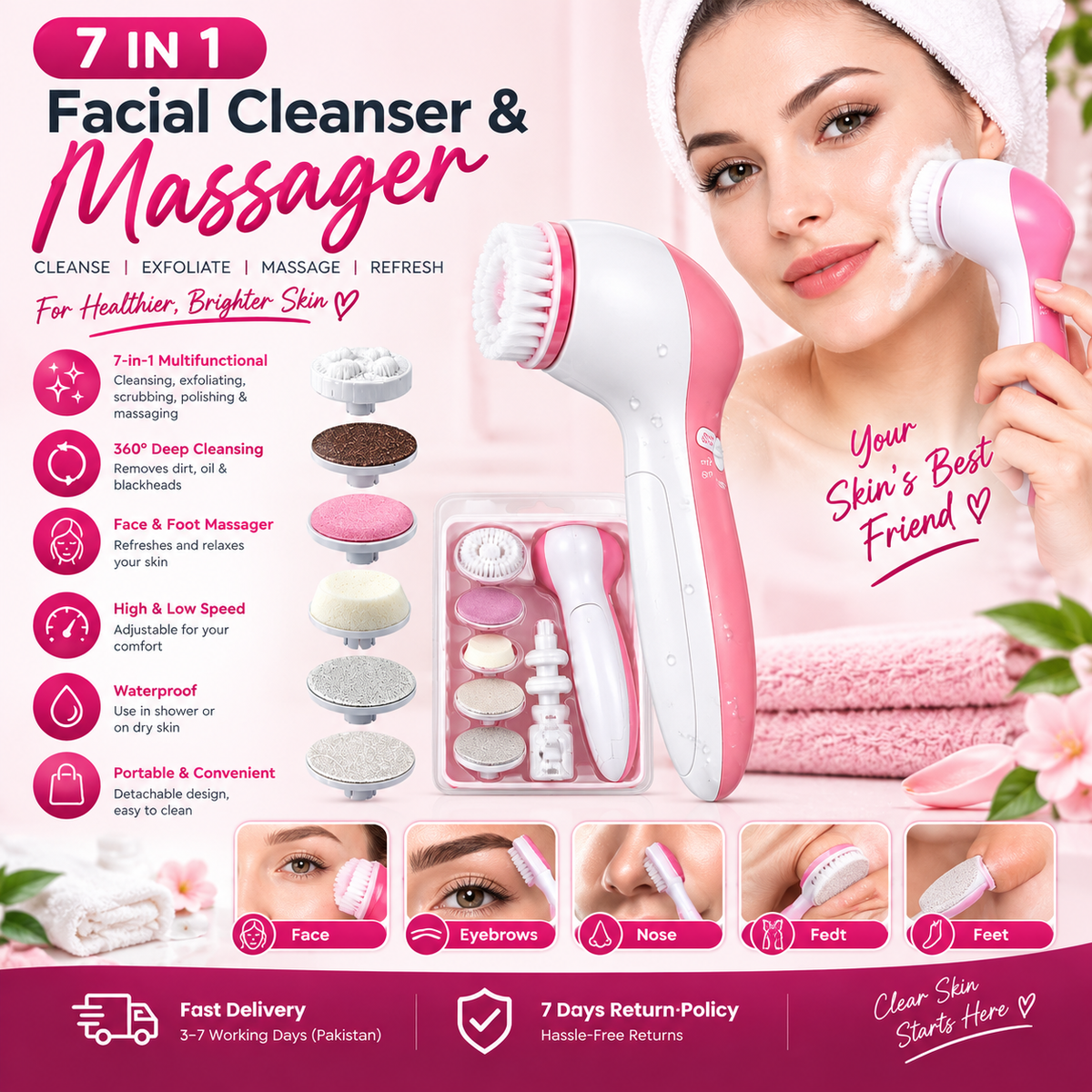 **7-in-1 Facial Cleanser & Massager – Electric Face Scrubber, Exfoliating Brush & Blackhead Removal Beauty Device**